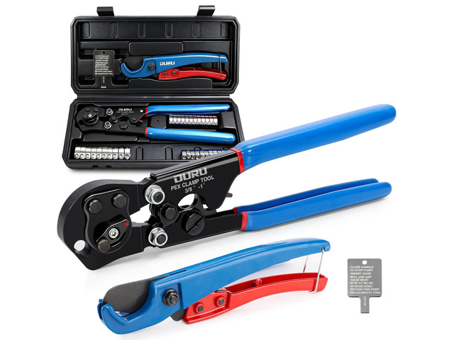 PEX Crimping Tool Kit, Cinch & Remove, 3/8' to 1', Storage Box 2 IN 1 Ratchet Crimp Tool, Includes Stainless Steel Pex Clamps 1/2' 25PCS, 3/4'...