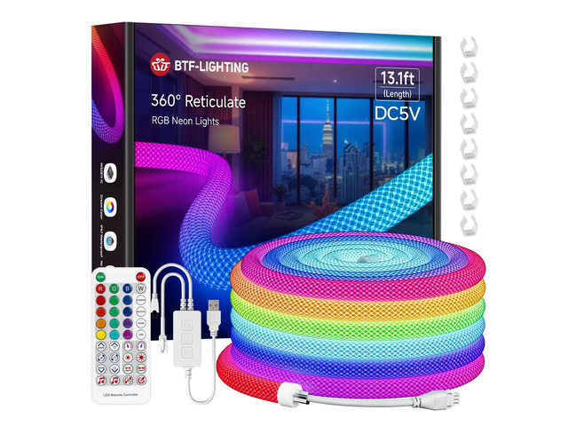 13.1FT WS2812B IC RGB Addressable Neon Rope Strip Kit DC5V IP67 360 Degree Round Reticulate Pattern Chasing Color WS2811 Flexible Rope Light with...