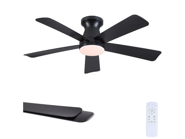 46'Modern Black Low Profile Flush Mount Ceiling Fans with Light and Remote Super Large Airflow with 6 Wind Speeds, Reversible, Dimmable 3CCT LED...