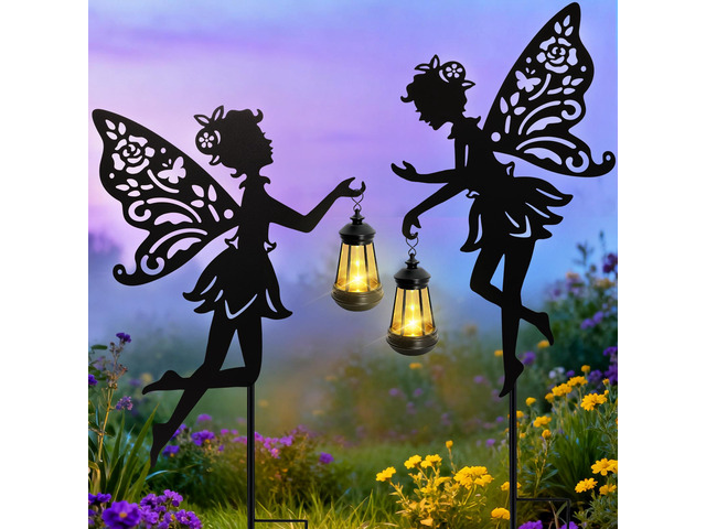 Solar Fairy Garden Lights Outdoor, Hanging Lantern Fairy Stakes Waterproof Metal Silhouette With LED Warm Glow, Yard Decor for Patio Lawn Pathway,...