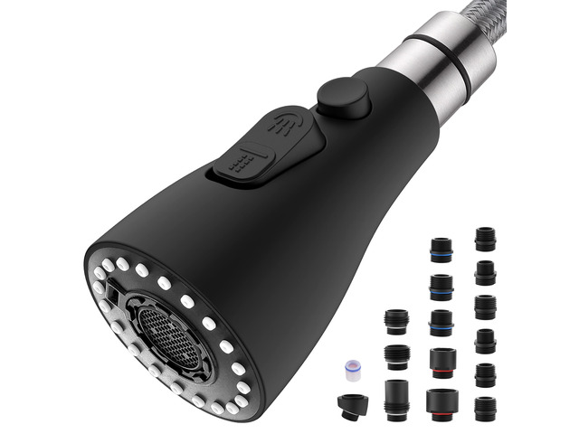Metal Kitchen Faucet Head Replacement with 15 Adapters, Matte Black 3-Mode Kitchen Sink Sprayer Replacement Nozzle, Durable Pull Down Head for...