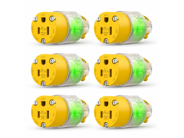 6 Packs Lighted Extension Cord Ends Replacement Female Plug 3 Prong 15A 125V NEMA 5-15R, Electrical Replacement Plug,Female Extension Cord Ends, 15...