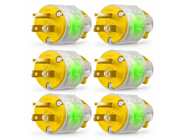 6 Packs Lighted Extension Cord Ends Replacement Plug 15A 125V NEMA 5-15P, Electrical Plugs 3 Prong,Lighted Plug Male Extension Cord Ends, 15 Amp...