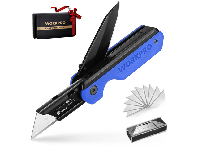 2-in-1 Folding Knife/Utility Knife, Wood Handle, Blue G10 Handle Quick-Change Box Cutter, Liner Lock, Belt Clip, 10 SK5 Blades, Carton Cutting,...
