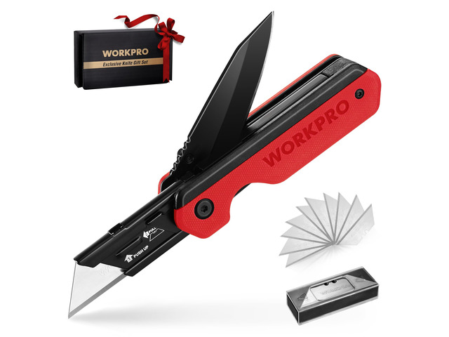 2-in-1 Folding Knife/Utility Knife, Wood Handle, Red G10 Handle Quick-Change Box Cutter, Liner Lock, Belt Clip, 10 SK5 Blades, Carton Cutting,...