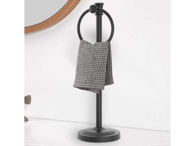 Hand Towel Holder Stand Free Standing Towel Bar Matte Black 17 Inch Hanging Floor Hand Towel Rack Ring, for Bathroom Kitchen Countertops, Hardware...