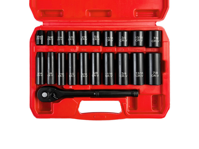 21pcs 3/8' Socket Set,Drive Impact Socket Set, SAE, Deep & Shallow, Cr-V Steel, 6 Point with Adapters, 72T Ratchet Handle, 5/16-7/8inch