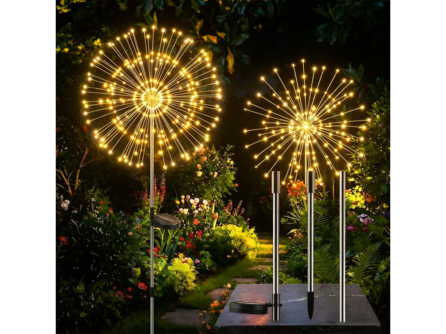 4-Pack Solar Firework Lights for Outside Waterproof Garden Fairy Lights Adjustable 32'-51' tall, 200 LED stainless steel stake starburst lights...