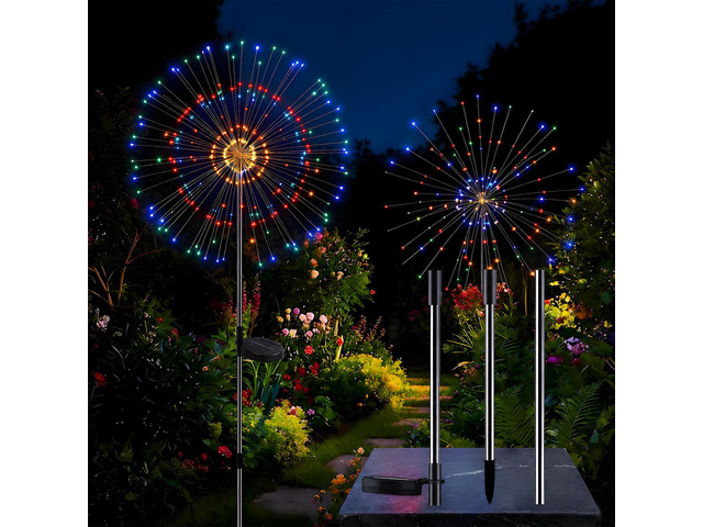 4-Pack Solar Firework Lights for Outside Waterproof Garden Fairy Lights Adjustable 32'-51' tall, 200 LED stainless steel stake starburst lights...
