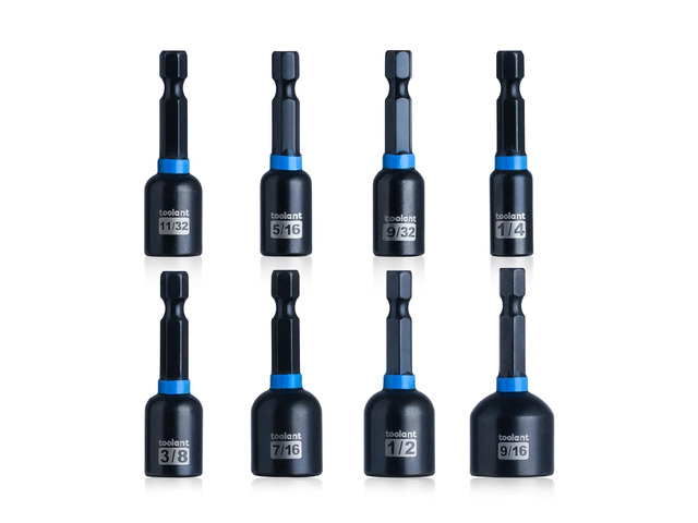 Magnetic Nut Driver Set, SAE, 8-Piece Eight SAE nut drivers, 1/4 to 9/16-inch range, magnetic retention, 1/4-inch quick-change shank, storage rail