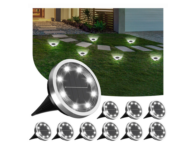 10Pack Solar Ground Lights Outdoor, 8 LED, IP65 Waterproof, Cold White 600mAh Ni-MH battery, 8-10h runtime, stainless steel, ABS and PP body, solar...