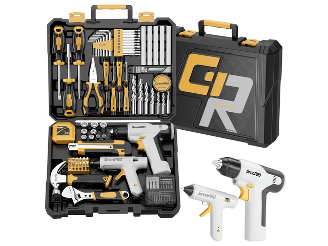 188PCS Yellow Cordless Drill Tool Set For Men Tool Kit For Home Box All-In-One Basic Household Tool Box, Glue Gun Accessories DIY, CR-V Steel,...