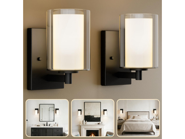 Wall Sconces Set of Two, Modern Matte Black Vanity Wall Lights Double Clear Glass Shades With E26 Base, Farmhouse Wall Lights For Bathroom,...