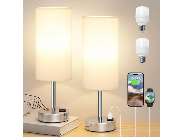 Touch Table Lamp for Bedroom Set of 2 - Small Desk Lamp for Dorm USB A+C Ports, 3-Way Dimmable, LED Bulb Included, White Linen-Texture Shade,...