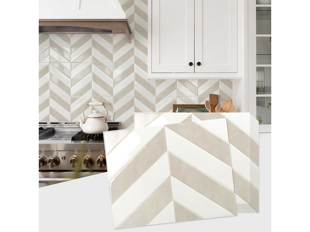 Herringbone Peel and Stick Backsplash, White & Beige, 10 Sheets 12.6 x 9.7 in, Thicker Rectangular Vinyl Stick-On Wall Tiles, Easy Alignment,...