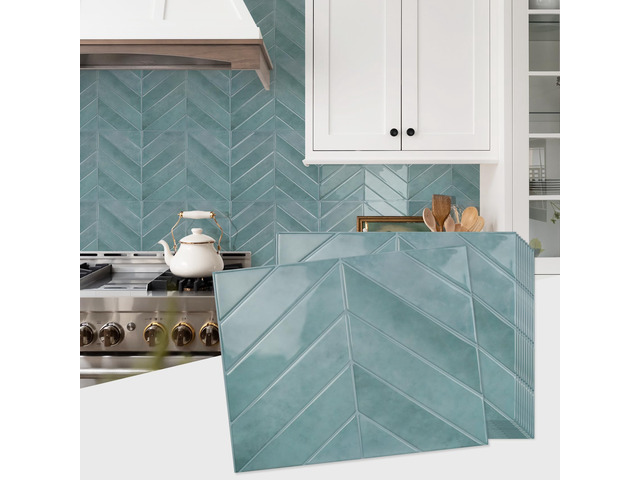 Herringbone Peel and Stick Backsplash, Blue Teal, 10 Sheets 12.6 x 9.7 in, Thicker Rectangular Vinyl Stick-On Wall Tiles, Easy Alignment,...