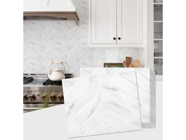 Herringbone Peel and Stick Backsplash, White Marble, 10 Sheets 12.6 x 9.7 in, Thicker Rectangular Vinyl Stick-On Wall Tiles, Easy Alignment,...