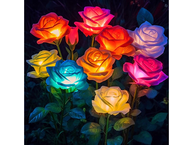 6-Pack Solar Flowers Outdoor Waterproof - Solar Garden Lights Yard Decor 7 Color Changing, Artificial Roses, IP65 Waterproof, Easy to Install, Auto...