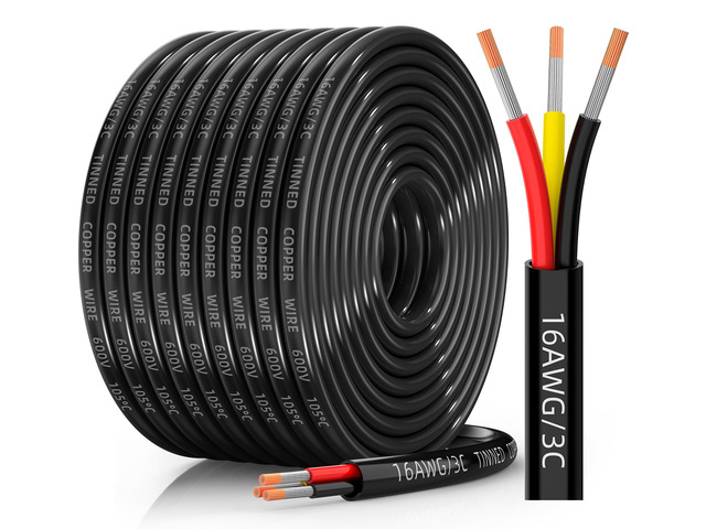16 Gauge Wire, 16/3 Conductor Tinned Copper Electrical Wire, 50FT Flexible, Waterproof & Flame-Retardant Low-Voltage 16 AWG 3 Wire Cable with PVC...
