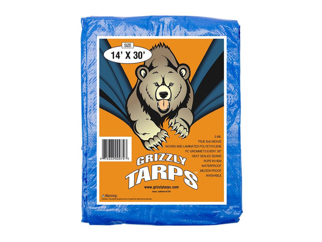 Grizzly Tarps by 14' x 30' Large Multi-Purpose Waterproof Heavy Duty Poly Tarp with Grommets Every 36', 8x8 Weave, 5 Mil Thick, for Home, Boats,...