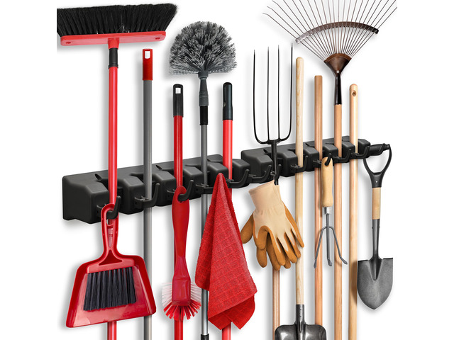 2 Pack Mop and Broom Holder Wall Mount - Garage Storage Organizer with 5 Slots, 6 Hooks, 7.5lbs Capacity Per Slot - Home, Kitchen, Closet, Laundry...