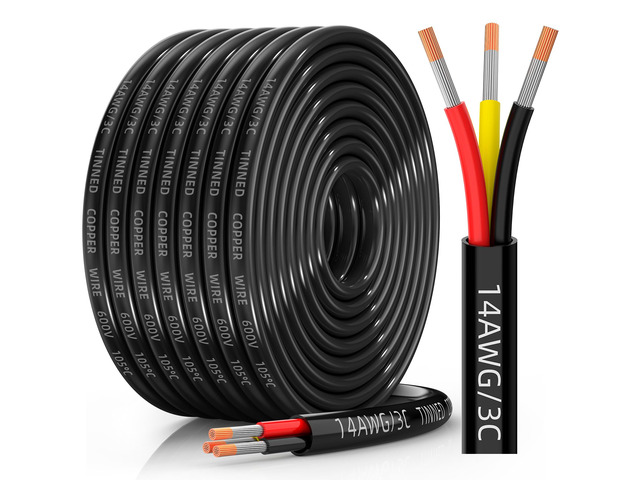 14 Gauge Wire, 14/3 Conductor Tinned Copper Electrical Wire, 30FT Flexible, Waterproof & Flame-Retardant Low-Voltage 14 AWG 3 Wire Cable with PVC...