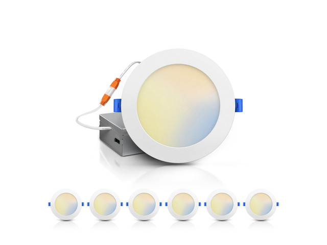 6 Pack 6 Inch 5CCT Ultra-Thin LED Recessed Ceiling Light with Junction Box, 2700K/3000K/4000K/5000K/6000K Selectable, 12W, 1100Lm, Dimmable Canless...