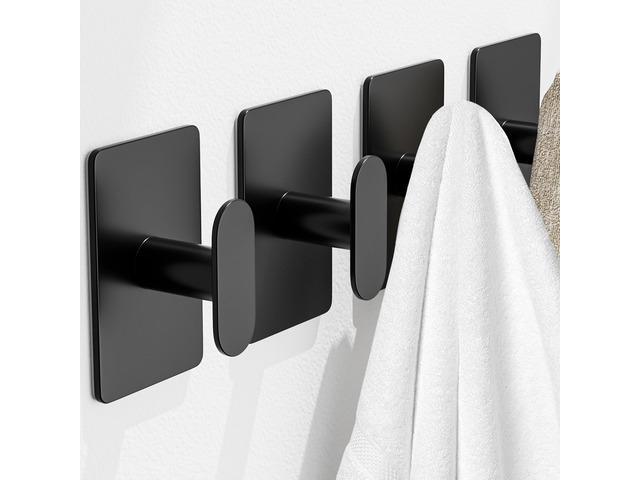 Adhesive Towel Hooks: 20LB Extra Strong Wall Hanger, Black 4 Pack