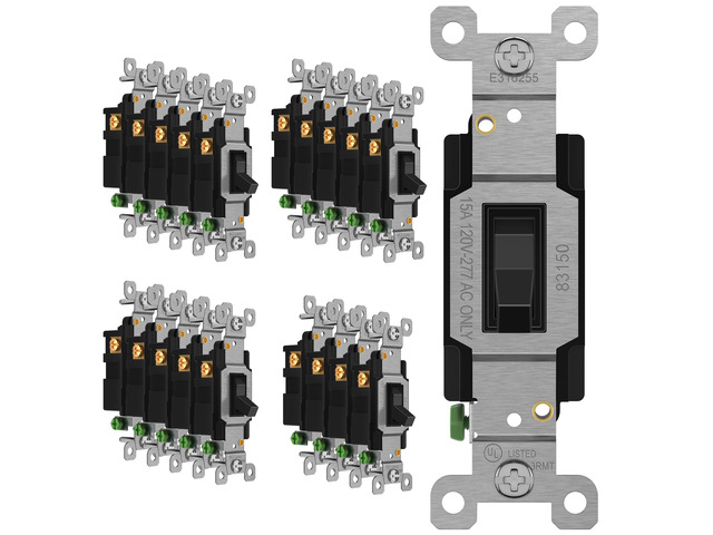 20 Pack Toggle Light Switch, 3-Way Electrical Wall Switch, Black 15 Amp, 120V/277VAC, quiet/smooth toggle action, grounding screw, narrow slim...