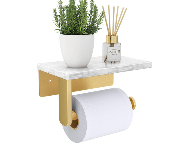 Toilet Paper Holder with Marble Shelf, Wall Mounted Gold Stainless Steel Screw, Tissue Roll Paper Holder Dispenser for Bathroom Washroom