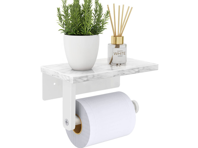 Toilet Paper Holder with Marble Shelf, Wall Mounted White Stainless Steel, Tissue Roll Paper Holder Dispenser for Bathroom Washroom