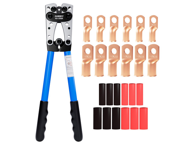 Battery Cable Crimper AWG 8-1/0, Crimping Tool &12pcs Wire Terminals Electrical Crimping Tool AWG 8 6 4 2 1 1/0, Heavy Duty 4 AWG & 0 AWG 3/8''...