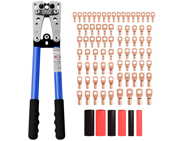 Battery Cable Crimper Tool for AWG10-1/0, 78pcs Copper Lug Terminals Electrical Battery Crimping Tool AWG 10 8 6 4 2 1/0, 110pcs Heat Shrink...