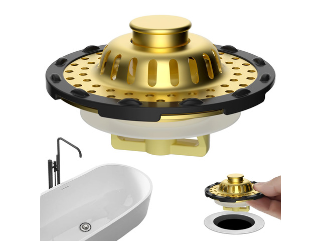 Universal Bathtub Drain Stopper All Metal Top Hair Catcher, Brushed Gold Shower Drain Tub Stopper with Stainless Steel Visible Filter Basket,...