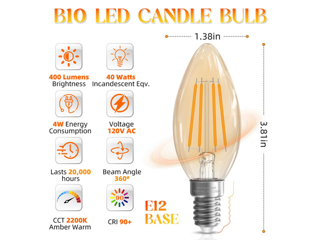 E12 LED Bulb, Candelabra Light Bulbs, 2200K Amber Warm, 24 Pack 40 watt Equivalent, Non-Dimmable Candle Bulb, 400LM, LED Chandelier Light Bulbs for...