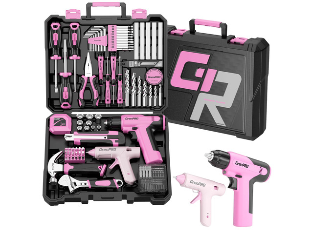 188PCS Pink Cordless Drill Tool Set For Women Tool Kit For Home Box All-In-One Basic Household Tool Box, Glue Gun Accessories DIY, CR-V Steel,...