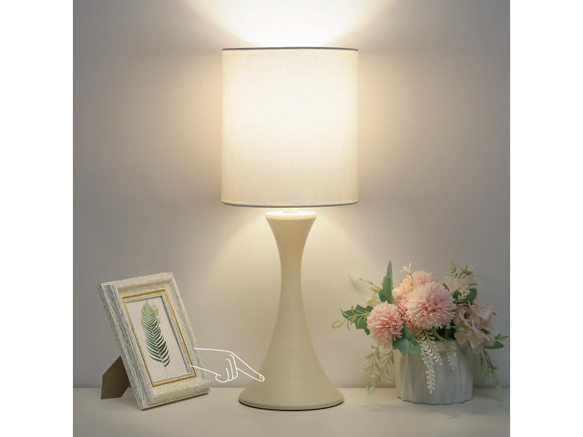 Dimmable Table Lamp, 3 Way Touch Control Desk Lamp, Small Bedside Light Nightstand Lamp with Beige Shade and Cream Base, Reading Lamp for Living...