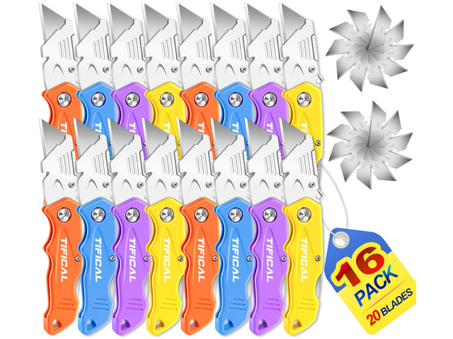 16Pack Box Cutter Retractable, Folding Utility Knife with 20 Blades SK5 razor knife blades, quick change pocket knife, navajas para trabajo for...