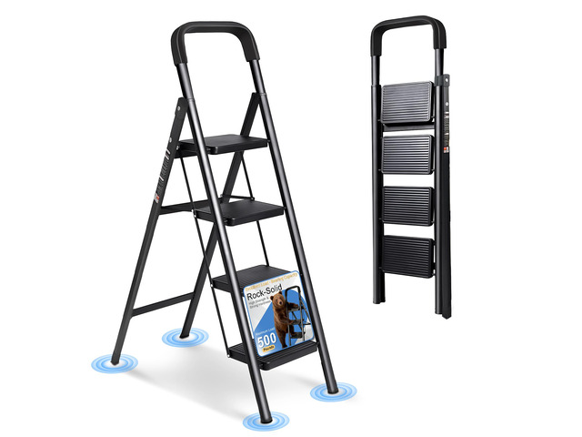 4 Step Ladder Folding Step Stool with Handrail 500LBS Capacity Sturdy Carbon Steel Frame Anti-Slip Pedal & Feet Portable for Home Kitchen Garage...