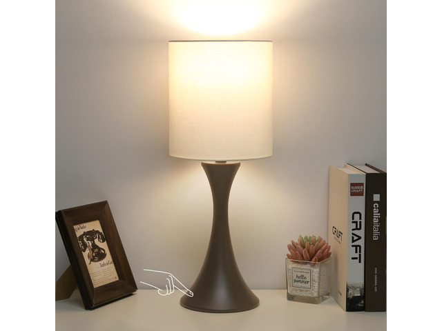3 Way Touch Control Table Lamp, Dimmable Bedside Lamp, Nightstand Light Desk Lamp with Beige Shade and Dark Brown Base, Small Lamp for Living Room,...