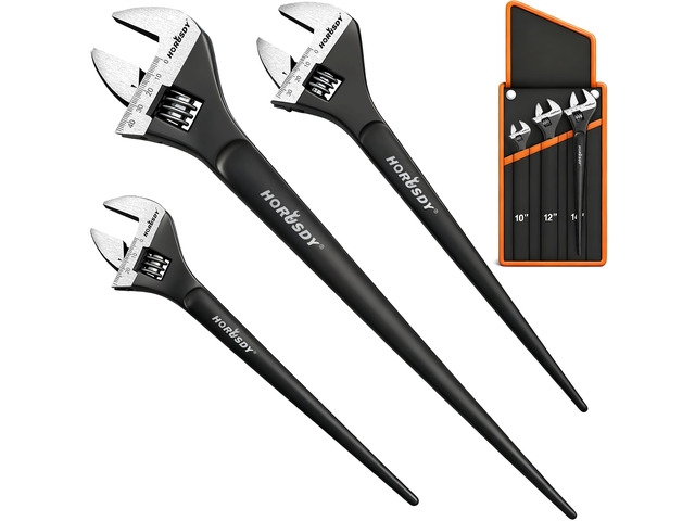 3-Piece Adjustable Spud Wrench Set, 10', 12', 16', CR-V Steel, SAE & Metric Scale, Black Oxide Finish, Heavy Duty Wrenches for Construction,...