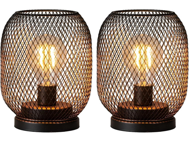 Set of 2 Battery Operated Lamp LED Table Lantern, Brown Metal Cage Cordless Lamps with LED BulbVintage Decorative Outdoor Lantern for Weddings,...