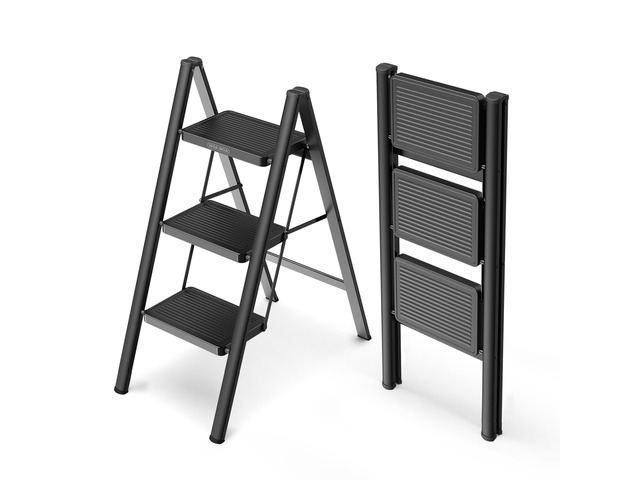 3 Step Foldable Step Stool, 330lbs Load, Black Folded 36'' H x 2'' T; Net 9.9 lbs; Anti-Slip Feet Grip Wood, Tile, Carpet; Wide Pedals; For...