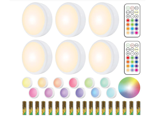 LED Puck Lights with Remote, 6 Pack Color Changing RGBW, Battery Powered Under Cabinet Lighting, Dimmable with Timer & Memory, Stick-On Wireless...