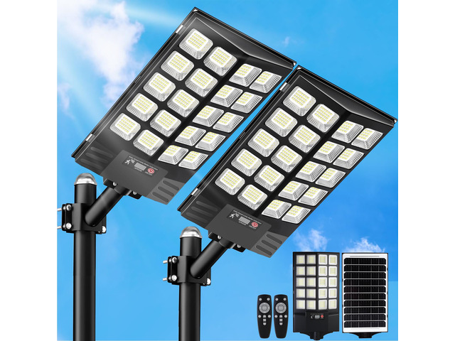 2 Pack Solar Street Lights Outdoor Waterproof, 100000LM Solar Powered Parking Lot Lights Large Street Light Dusk to Dawn with Motion Sensor, LED...