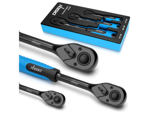 3PCS Black Ratchet Wrench Set, 1/2', 3/8', 1/4' Drive 90-Tooth Drive Ratchet Socket Wrench Reversible with Non-slip Rubber Grip, Quick Release &...