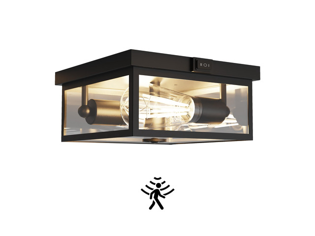 Outdoor Ceiling Light with Motion Sensor, Flush Mount Porch Light, Exterior Light Fixture with Clear Glass, Dusk to Dawn 2-Light Fixture for...