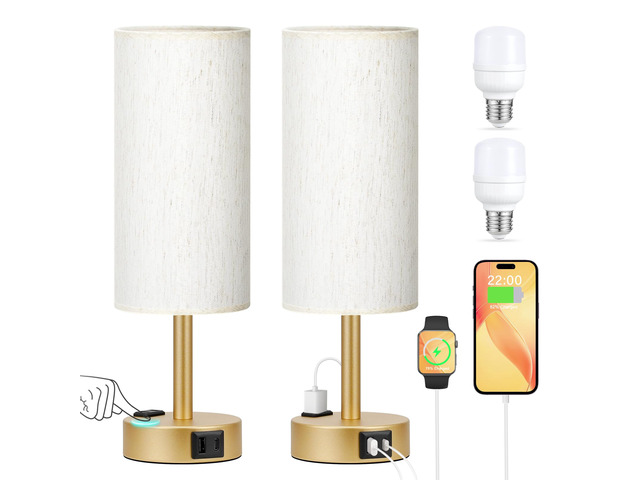 Touch Bedside Table Lamps Set of 2 - Bedroom Lamp with USB A+C, AC Outlet 3-Way Dimmable, LED Bulb Included, Linen-Texture Fabric Lampshade, Matte...