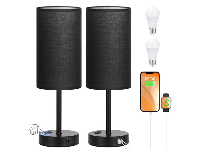 17' Tall Bedside Lamp Set of 2 - Touch Bedroom Lamp with USB A+C, AC Outlet 3-Way Dimmable, LED Bulb Included, Compact Nightstand Lamp for Home Office