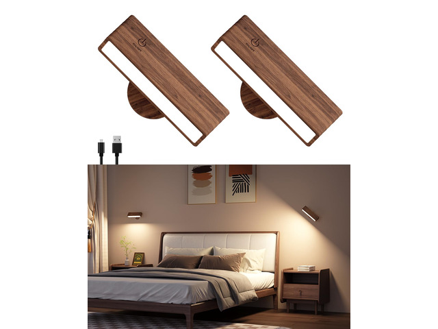 Battery Operated Wall Sconces Set of 2,Rechargeable Wall Lights Wood,Stick On Wall Lights for Bedroom,Wall Mounted Bedside Reading Lamps...